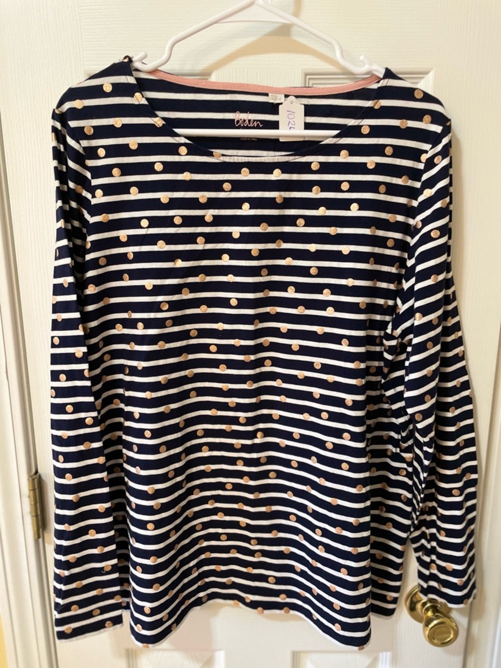 Boden Navy and White Striped Tee with Pink Script Logo